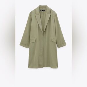 Zara NWT  lightweight long duster jacket, open-style coat flowing blazer green M